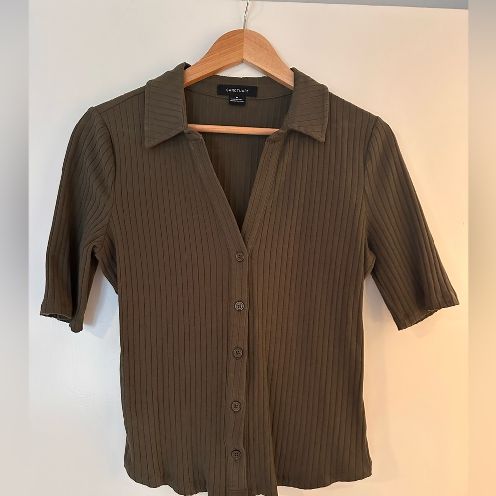 Sanctuary Olive Button Down Ribbed Top